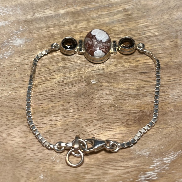 Agate & Smoky Topaz Stone Box Chain 925 Sterling Silver Bracelet - Picture 7 of 15